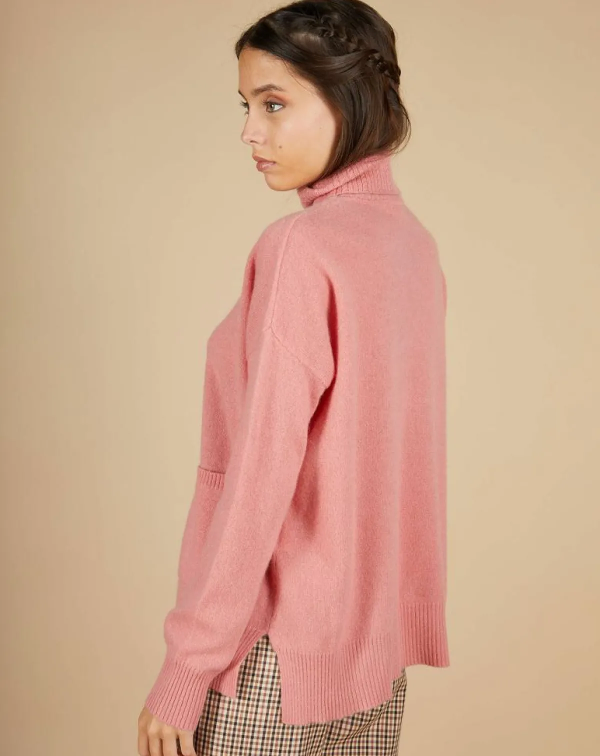 Cashmere Tribu Pulls|Pull ample 100% Cachemire Alicia Col roulé à poches bois de rose