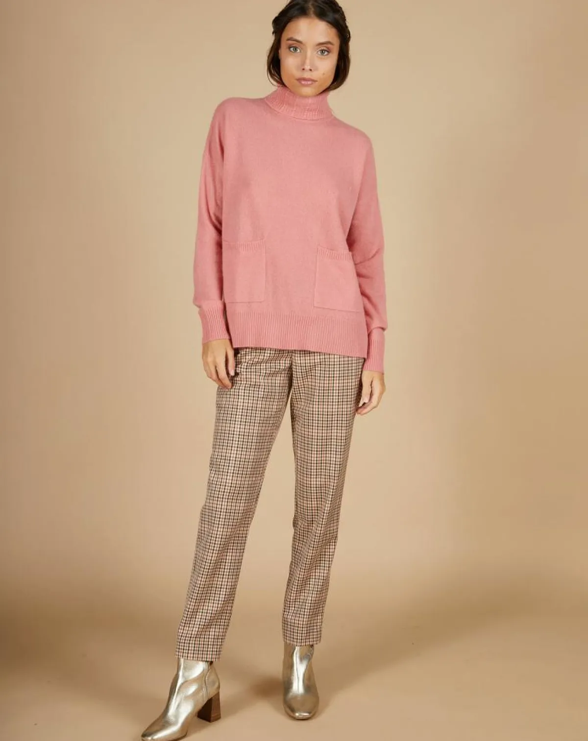 Cashmere Tribu Pulls|Pull ample 100% Cachemire Alicia Col roulé à poches bois de rose