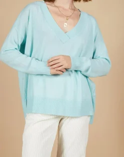 Cashmere Tribu Pulls|Pull ample 100% Cachemire Isidore col V bleu océan