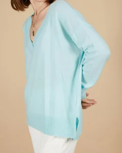 Cashmere Tribu Pulls|Pull ample 100% Cachemire Isidore col V bleu océan
