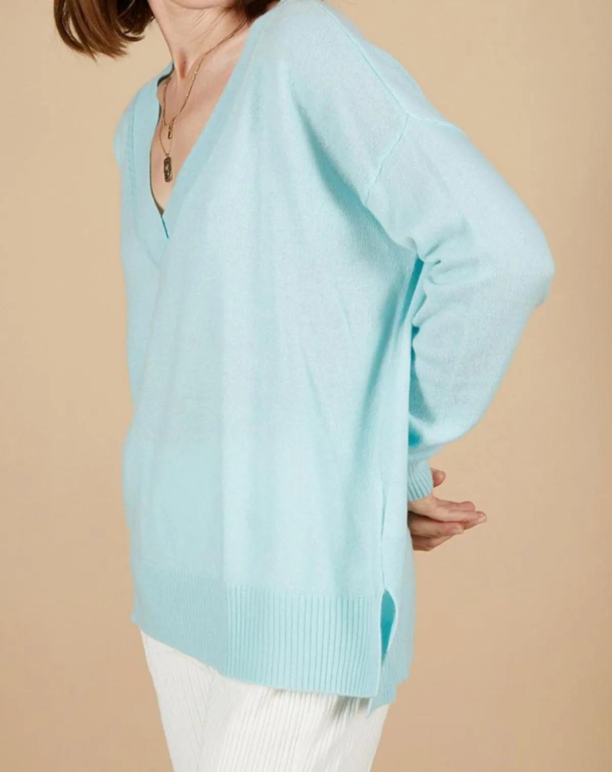 Cashmere Tribu Pulls|Pull ample 100% Cachemire Isidore col V bleu océan