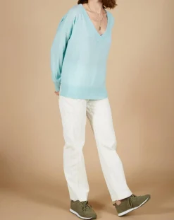 Cashmere Tribu Pulls|Pull ample 100% Cachemire Isidore col V bleu océan