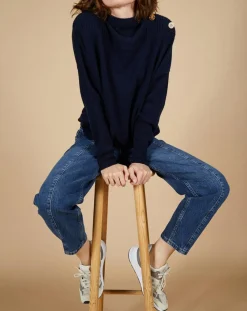 Cashmere Tribu Pulls|Pull ample 100% Cachemire Sandy col montant à bouton bleu nuit