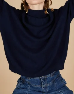 Cashmere Tribu Pulls|Pull ample 100% Cachemire Sandy col montant à bouton bleu nuit