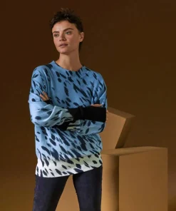 Rodier Pulls|Pull Anémone 100% Cachemire imprimé léopard bleu azur