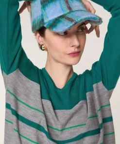 Rodier Pulls|Pull Anne-Élodie 100% Laine col V rayures vert canard
