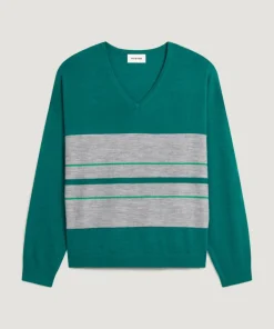 Rodier Pulls|Pull Anne-Élodie 100% Laine col V rayures vert canard