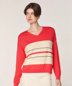 Rodier Pulls|Pull Caecilia 100% Laine col V rayures orange corail