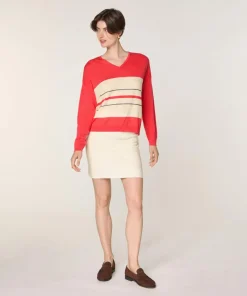 Rodier Pulls|Pull Caecilia 100% Laine col V rayures orange corail