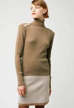 Rodier Pulls|Pull Chantal-Marie col roulé motifs épaules marron camel
