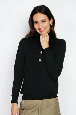 Assuili Pulls|Pull en Cachemire & Soie mélangés col montant boutonné noir