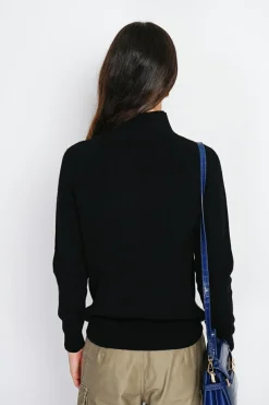 Assuili Pulls|Pull en Cachemire & Soie mélangés col montant boutonné noir