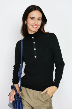 Assuili Pulls|Pull en Cachemire & Soie mélangés col montant boutonné noir
