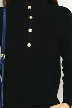 Assuili Pulls|Pull en Cachemire & Soie mélangés col montant boutonné noir