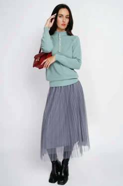 Assuili Pulls|Pull en Cachemire & Soie mélangés col montant boutonné jade