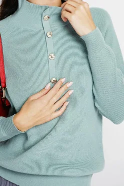Assuili Pulls|Pull en Cachemire & Soie mélangés col montant boutonné jade