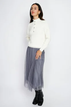 Assuili Pulls|Pull en Cachemire & Soie mélangés col montant boutonné naturel