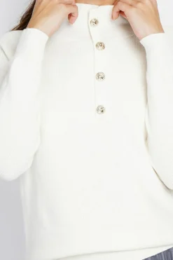 Assuili Pulls|Pull en Cachemire & Soie mélangés col montant boutonné naturel