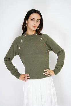 C&Jo Pulls|Pull en Cachemire mélangé boutons fantaisie kaki