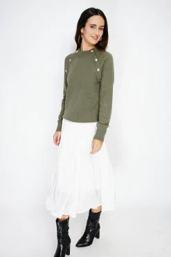 C&Jo Pulls|Pull en Cachemire mélangé boutons fantaisie kaki