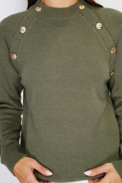 C&Jo Pulls|Pull en Cachemire mélangé boutons fantaisie kaki