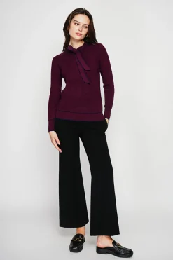 C&Jo Pulls|Pull en Cachemire mélangé col V à noeud bordeaux