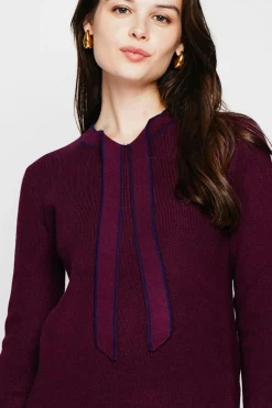 C&Jo Pulls|Pull en Cachemire mélangé col V à noeud bordeaux