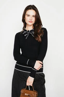 C&Jo Pulls|Pull en Cachemire mélangé col V à noeud noir