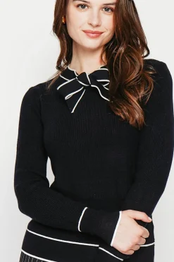 C&Jo Pulls|Pull en Cachemire mélangé col V à noeud noir