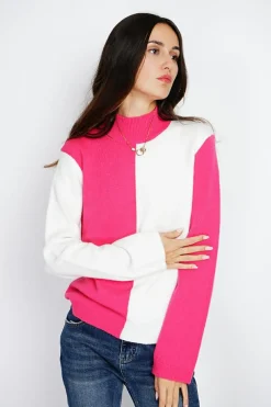 Assuili Pulls|Pull en Cachemire mélangé col montant naturel/fushia