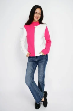 Assuili Pulls|Pull en Cachemire mélangé col montant naturel/fushia