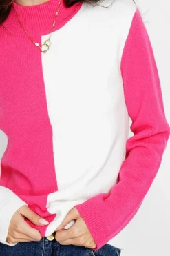 Assuili Pulls|Pull en Cachemire mélangé col montant naturel/fushia