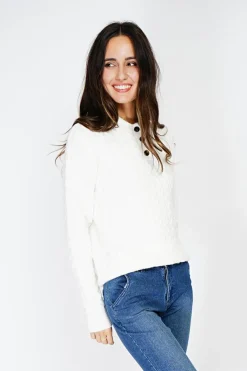 C&Jo Pulls|Pull en Cachemire mélangé col boutonné naturel