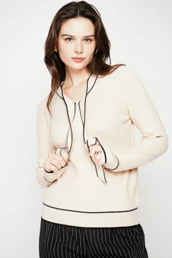 C&Jo Pulls|Pull en Cachemire mélangé col V à noeud crème