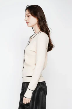 C&Jo Pulls|Pull en Cachemire mélangé col V à noeud crème