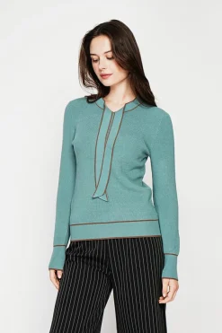 C&Jo Pulls|Pull en Cachemire mélangé col V à noeud turquoise
