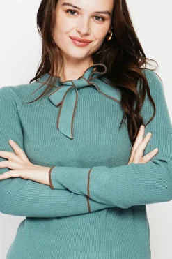 C&Jo Pulls|Pull en Cachemire mélangé col V à noeud turquoise