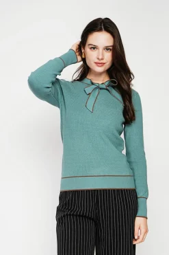 C&Jo Pulls|Pull en Cachemire mélangé col V à noeud turquoise