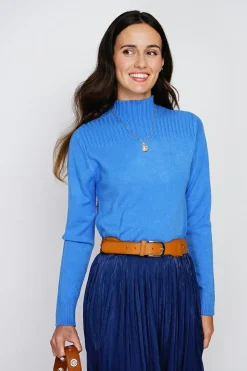 Assuili Pulls|Pull en Cachemire mélangé col montant azur