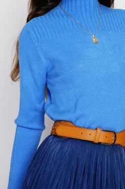 Assuili Pulls|Pull en Cachemire mélangé col montant azur