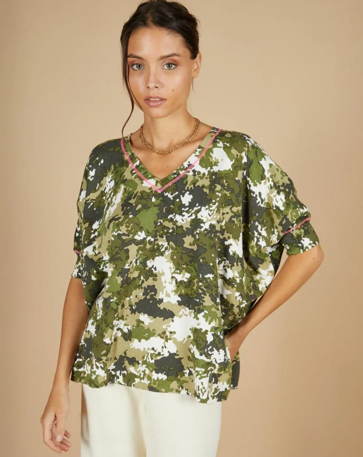 Cashmere Tribu Pulls|Pull en Coton & Cachemire Maya à motif kaki