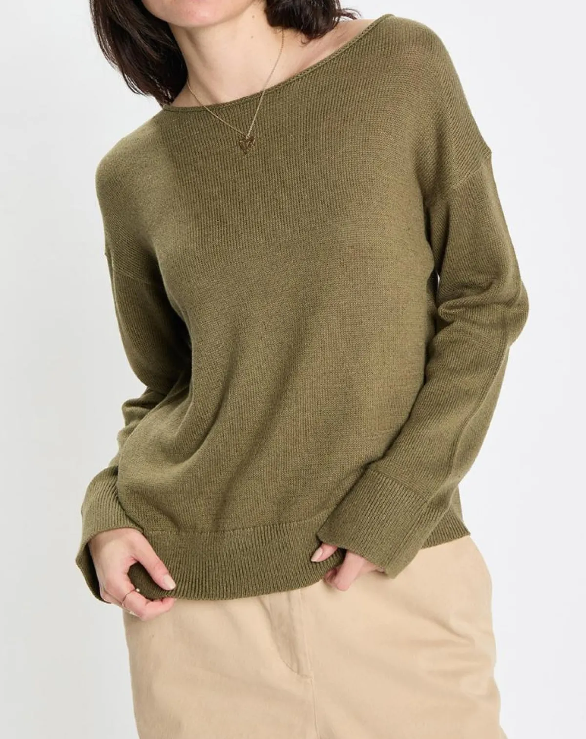 Marc O'Polo Pulls|Pull en Coton & Lin Col Bateau kaki