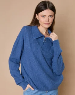Oscar et Louise Pulls|Pull en Laine & Cachemire mélangés Maia 1/2 zip bleu chiné