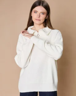 Oscar et Louise Pulls|Pull en Laine & Cachemire mélangés Maia 1/2 zip écru