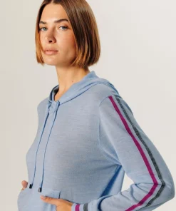 Rodier Pulls|Pull Jocelyne 100% laine capuche tricolore bleu ciel
