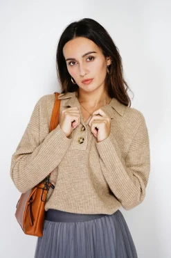 Assuili Pulls|Pull large en Cachemire mélangé col polo désert