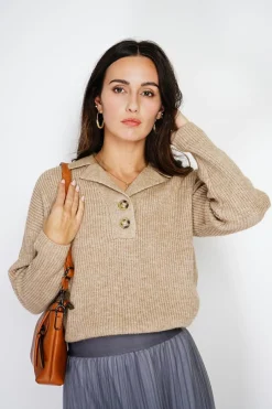 Assuili Pulls|Pull large en Cachemire mélangé col polo désert