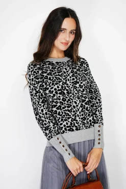 Assuili Pulls|Pull large en Cachemire mélangé col rond léopard noir