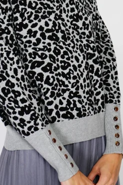 Assuili Pulls|Pull large en Cachemire mélangé col rond léopard noir