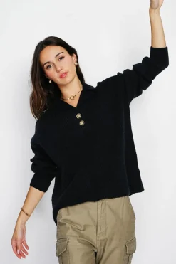 Assuili Pulls|Pull large en Cachemire mélangé col polo noir